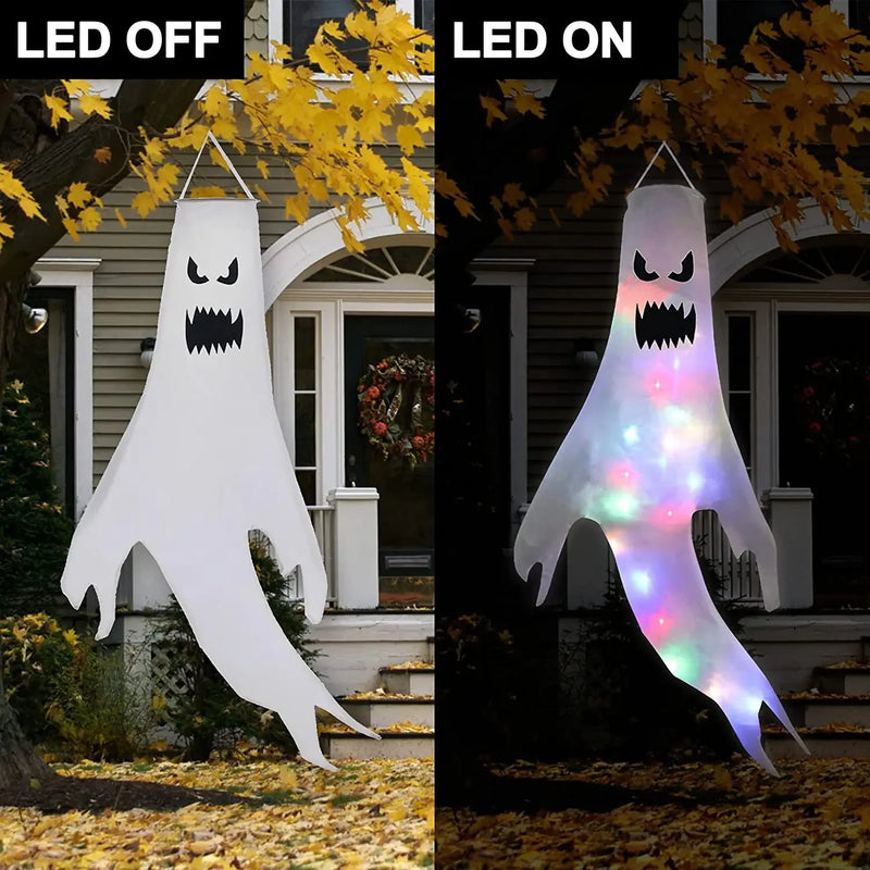 Halloween Ghost Hanging with LED Light Spooky Ghost Flag Indoor Outdoor Prop Decoration Tree Pendant Ornament Party DIY Supplies