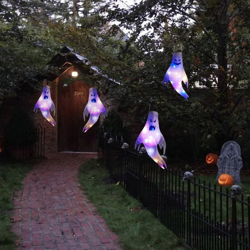 Halloween Ghost Hanging with LED Light Spooky Ghost Flag Indoor Outdoor Prop Decoration Tree Pendant Ornament Party DIY Supplies