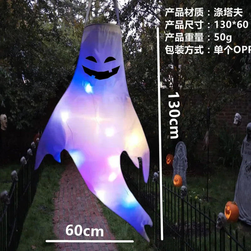 Halloween Ghost Hanging with LED Light Spooky Ghost Flag Indoor Outdoor Prop Decoration Tree Pendant Ornament Party DIY Supplies