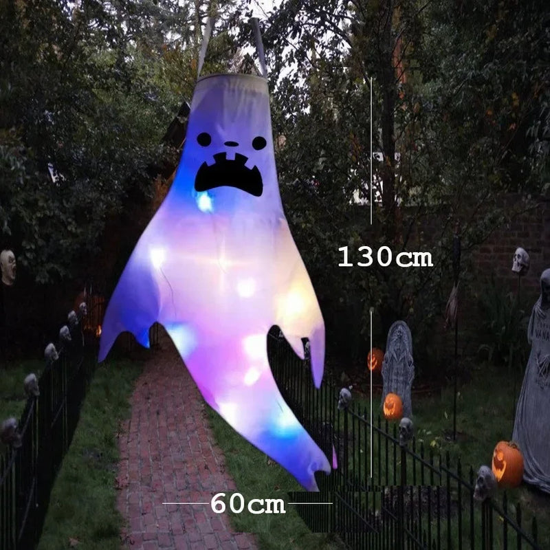 Halloween Ghost Hanging with LED Light Spooky Ghost Flag Indoor Outdoor Prop Decoration Tree Pendant Ornament Party DIY Supplies